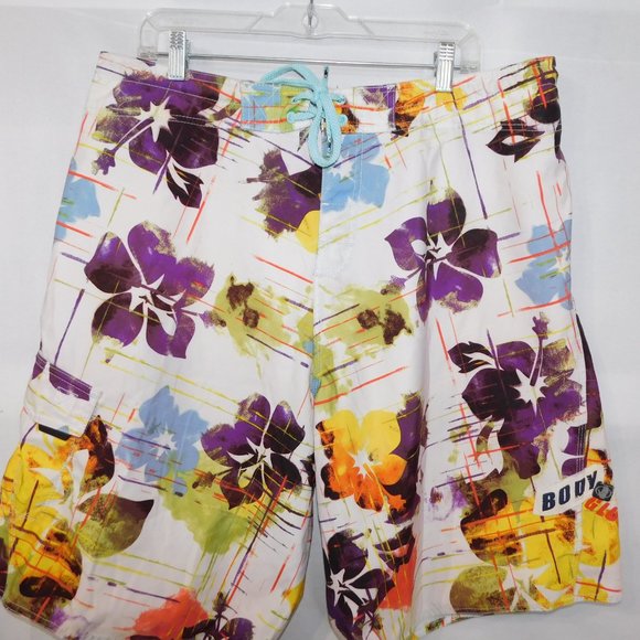 Body Glove Mens 38 White Purple Yellow Floral Hibiscus Board Shorts unlined - Picture 6 of 10